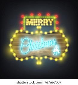 Merry Christmas wooden neon retro style billboard.