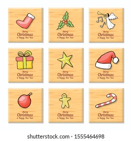 Merry Christmas wooden wall frame set decorated with doodles