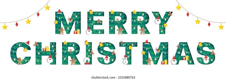Merry Christmas Word Alphabet Font Cute Christmas Concept Mistletoe Bell Snowman Christmas Tree Character Font Christmas Element Cartoon Green 3D Paper Layer Cutout Card Vector Illustration