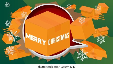 Merry Christmas word with cardboard box. Vector cartoon folded card box illustration.