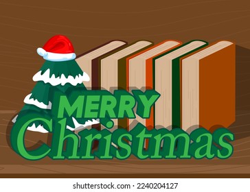Merry Christmas word on a book, cartoon vector illustration.