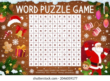 Merry Christmas word puzzle game worksheet. Word quiz or riddle with Santa, elf and Xmas candy sweets, gifts. Kids crossword, child educational game page with Christmas items, winter holidays symbols