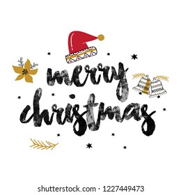 Merry Christmas word  with santa hat and bell