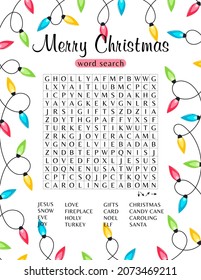Merry Christmas word search puzzle. Printable worksheet about winter holidays. Educational crossword game for children and adults. Party card. Page for learning English. Xmas vector illustration 