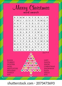 Merry Christmas word search puzzle. Printable worksheet about winter holidays. Educational crossword game for children and adults. Party card. Page for learning English. Xmas vector illustration 