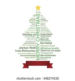 Merry Christmas word Tag Cloud shaped as a tree. Isolated on white