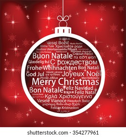 Merry Christmas word tag cloud shaped as a Christmas ball. Winter holiday background, vector