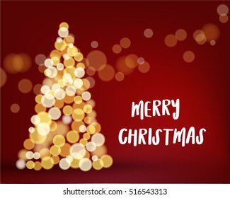 Merry Christmas wording and Christmas tree lighting bokeh on red background. Concept design for new year season in vector illustration