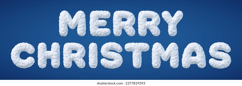 Merry Christmas words made of snow isolated on blue background. Winter snow 3d letters for New Year celebration, greeting card, postcard, poster, banner. Vector illustration