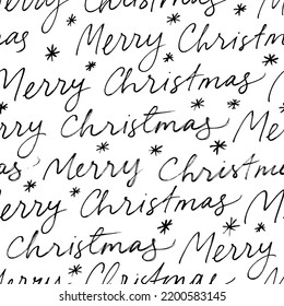 Merry Christmas words seamless pattern. Hand drawn line calligraphy with snowflakes. Holiday seamless background with handwritten lettering. Merry Christmas and Happy New Year wrapping paper.