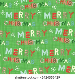 Merry Christmas words seamless pattern. Hand drawn line letters with snowflakes. Holiday seamless background with handwritten lettering. Merry Christmas and Happy New Year wrapping paper.