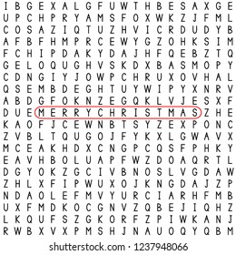 Merry Christmas. The words in the word puzzle. Word game. Christmas greeting card. Seamless pattern with letters. Vector illustration.