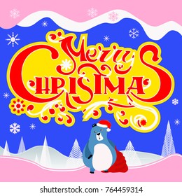 Merry christmas words written by hand, snow-covered landscape, ate. bear with a bag of gifts