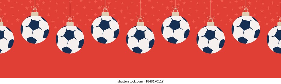 Merry Christmas world football seamless horizontal pattern. Hang on a thread flat cartoon soccer ball as a Christmas ball on red horizontal background. Sport Vector illustration.