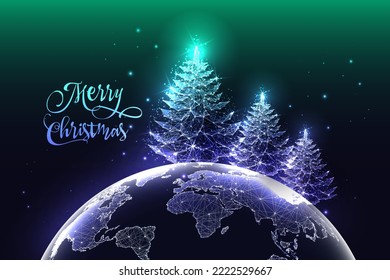 Merry Christmas World Greeting Card With Spruce Trees And Planet Earth Map From Space In Futuristic Glowing Low Polygonal Style On Dark Blue To Green Background. Modern Design Vector Illustration.