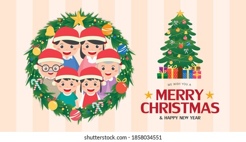 Merry Christmas wreath banner illustration with happy family in christmas hats. Grandparents, parents and children together. 