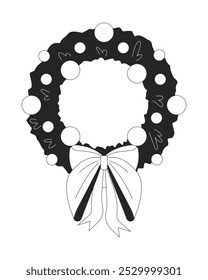 Merry Christmas wreath black and white 2D line object. Ribbon baubles yuletide holiday adornment. Round xmas ornaments evergreens isolated clip art vector outline item. Monochromatic spot illustration