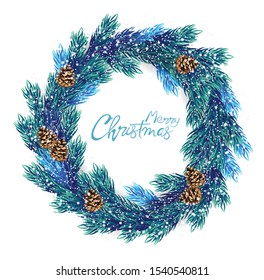 Merry Christmas wreath with blue and green pine tree leaves. Conifer cone ornament. Vector