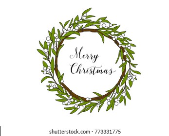 Merry christmas wreath card. Vector illustration with hand lettering