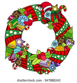 Merry Christmas wreath circle shape Doodle Pattern design vector isolated.