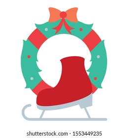 merry christmas wreath crown with snow skate vector illustration design