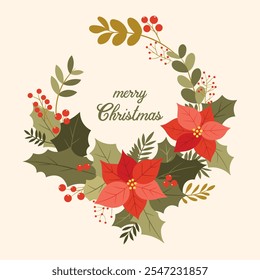 Merry Christmas wreath, decorated with branches, red berries and leaves. Round frame. Greetings template. Vector illustration isolated from background.