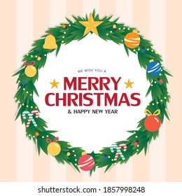 Merry Christmas wreath decoration hanging in the wall with gold bells, Star, neon light. Greeting card vector illustration.