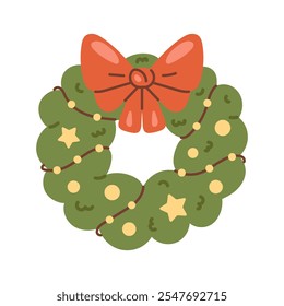 Merry Christmas wreath element decorated with a ribbon and christmas tree twigs. Vector illustration perfect for celebrating winter season and creating joyful greetings. New year design.
