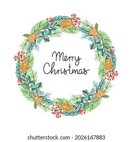 Merry Christmas wreath with fir branches red berries and cookies. Pine wreath. Spruce new year wreath. Decorative element. Vector illustration.