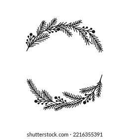 Merry Christmas wreath with fir branches, twigs, holly berries. Holiday circle frame vector illustration. Nature design greeting card template. Winter xmas decoration.