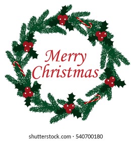 Merry Christmas wreath fir-tree holly berry candy cane vector.