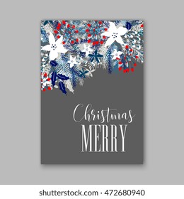 Merry Christmas wreath Floral wedding invitation with winter christmas wreath. Merry Christmas and Happy New Year Card
