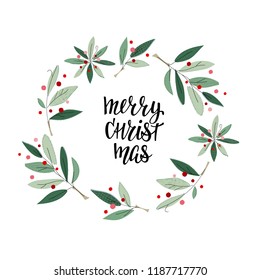 Merry Christmas Wreath Flower Happy New Year Card. Winter Holidays Vector. Plant Craft Postcard Graphic Design Element. Cute Hand Written Calligraphy Sign. Kids Drawing Hand Made Cutout Collage Art