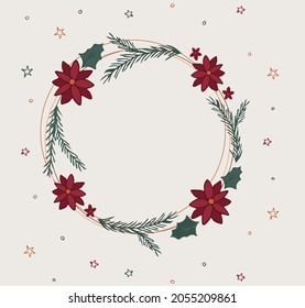 Merry Christmas wreath garland with poinsettia and twig. Evergreen branch, botanical wedding illustration for winter wedding invitation.