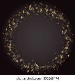Merry Christmas. Wreath from gold snowflakes with sparkles on a dark background. Vector illustration. EPS 10