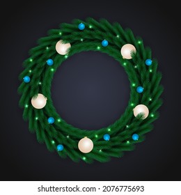 Merry christmas wreath green leaf white and sky blue balls with snows