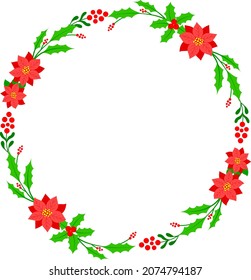 Merry christmas wreath. Green leaves and red christmas flower. Vector illustration. Nature design greeting card template.