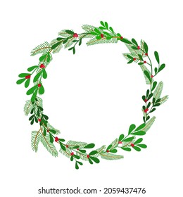 Fröhlicher Weihnachtskranz. Grüne Zweige mit roten Beeren. Vektorgrafik. Einzeln auf weißem Hintergrund. Grußkartenvorlage.