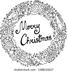 merry christmas wreath greeting card black and white image