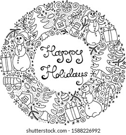 merry christmas wreath greeting card black and white image