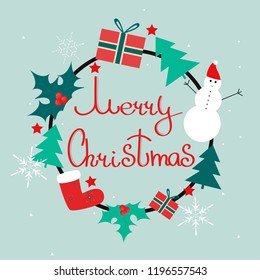 Merry Christmas wreath with  holly, gifts, snowman; christmas tree, snowflake. Holiday decoration.