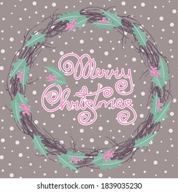 Merry Christmas wreath with holly leaves and tree branches vector illustration