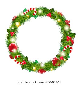 Merry Christmas Wreath, Isolated On White Background, Vector Illustration