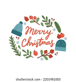 Merry Christmas with wreath lettering flat vector