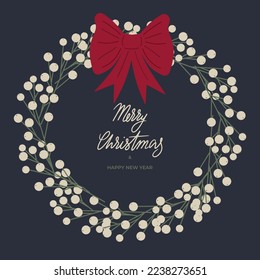 Merry Christmas wreath of mistletoe berries and red bow. Xmas and Happy New Year postcard. Vector illustration, holiday party invitation in flat style