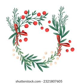 Merry Christmas wreath mistletocon bayas rojas ilustraciones vectoriales aisladas en fondo blanco