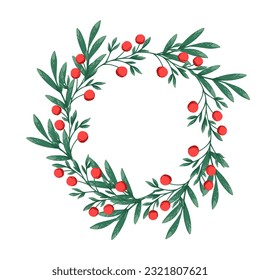 Merry Christmas wreath mistletoe with red berries vector illustration isolated on white background