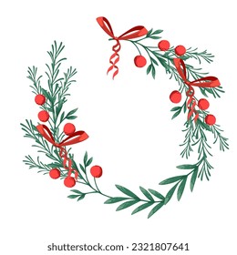 Merry Christmas wreath mistletoe with red berries vector illustration isolated on white background