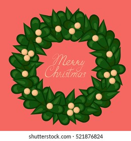 "Merry Christmas" in a wreath of mistletoe. Vector illustration.