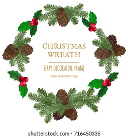 Merry Christmas wreath, new year decoration with pine branches and cones. Vector decorative elements for design greeting card, Invitation, banner or poster on white background.